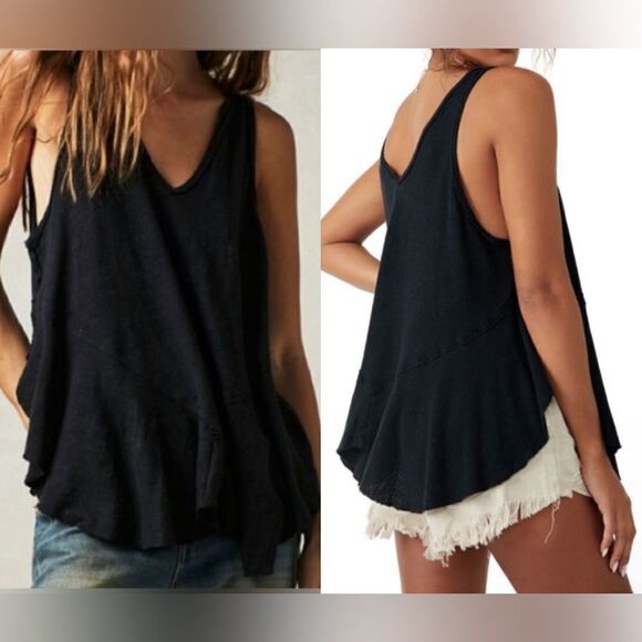 Free People NWT Rosie Drop Waist Tank Linen Cotton in Black - Picture 2 of 11